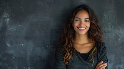 Fototapeta premium Radiant Confidence: A young woman with a captivating smile exudes confidence against a textured chalkboard background. 