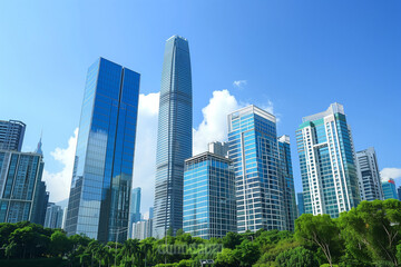 Fototapeta premium Skyscrapers Reaching into a Bright Blue Sky with White Clouds on a Sunny Day