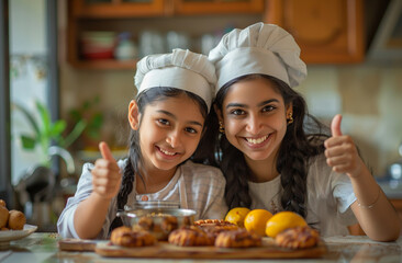 A happy young Indian mother and daughter, in chef hats, give thumbs up while cooking in their bright kitchen. Warm morning light streams in, ingredients on the table, capturing their joy.