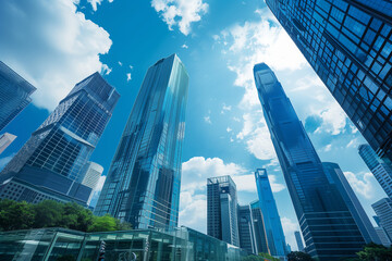 Obraz premium Skyscrapers Reaching into a Bright Blue Sky with White Clouds on a Sunny Day