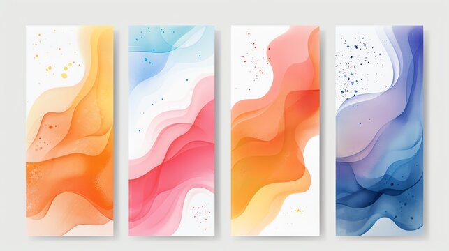Four abstract banners with colorful gradient waves and dots,watercolor