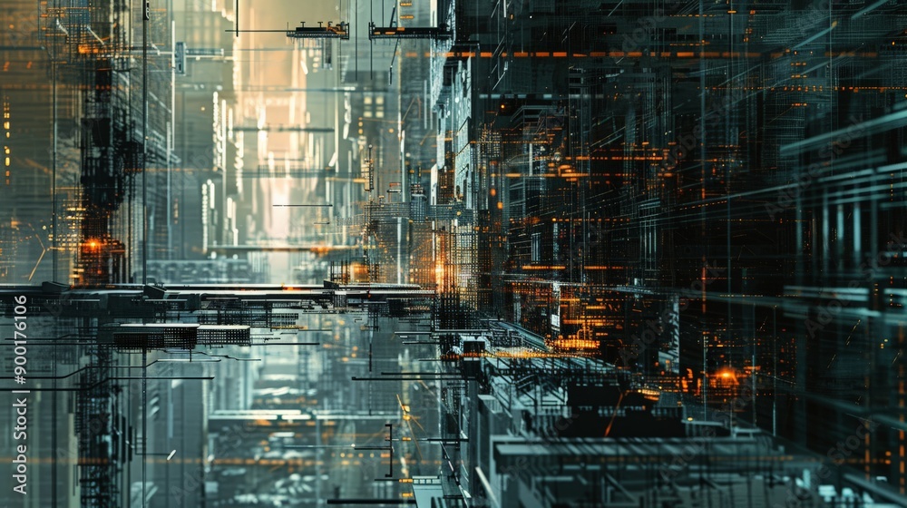 Poster Abstract futuristic cityscape with digital data flow. Concept of a high-tech, connected urban environment.