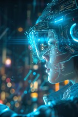 Futuristic scientist with data visor, holographic interface, hightech environment