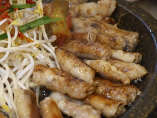 Korean traditional food Gopchang, Grilled beef intestines, Korean Street Food.