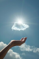 Hand holding a small cloud against a blue sky, closeup, bright light, whimsical and creative imagery