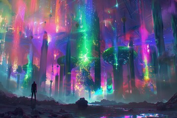 Man standing in awe of a beautiful futuristic cityscape with bright lights and tall buildings