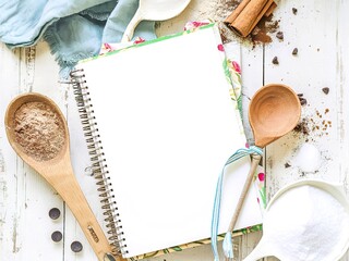 Blank recipe book with baking ingredients on a old wooden background