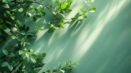 Green wall background with green leaves around