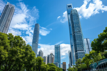 Fototapeta premium Skyscrapers Reaching into a Bright Blue Sky with White Clouds on a Sunny Day