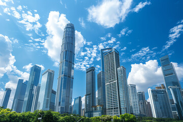 Fototapeta premium Skyscrapers Reaching into a Bright Blue Sky with White Clouds on a Sunny Day