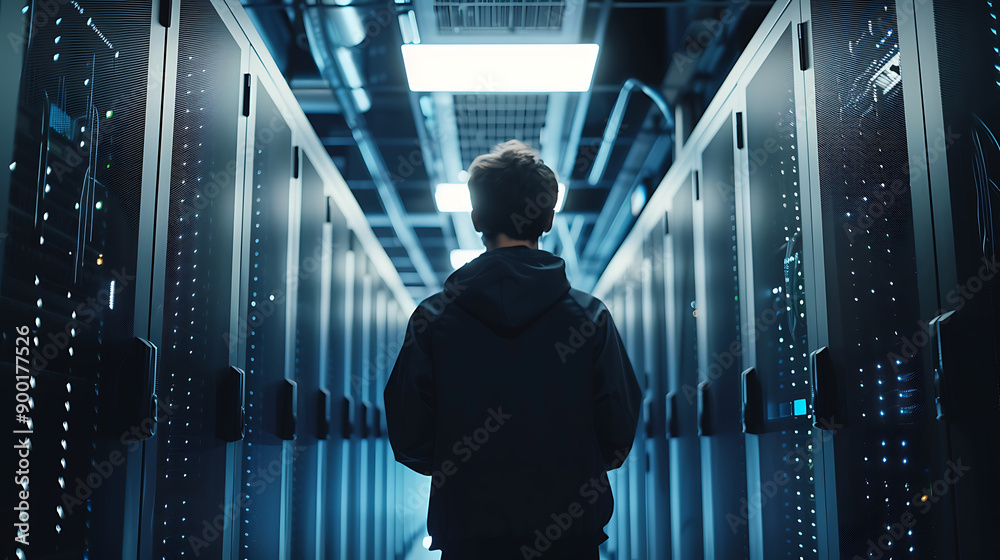 Poster network engineer working in server room