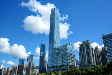 Obraz premium Skyscrapers Viewed from Below with Blue Sky and White Clouds