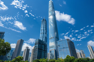 Fototapeta premium Skyscrapers Viewed from Below with Blue Sky and White Clouds