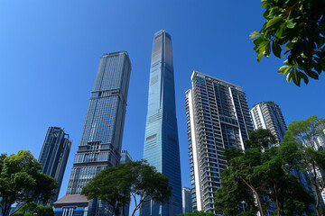Fototapeta premium Skyscrapers Viewed from Below with Blue Sky and White Clouds