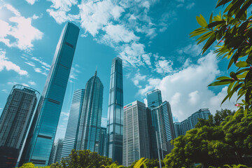 Fototapeta premium Skyscrapers Viewed from Below with Blue Sky and White Clouds