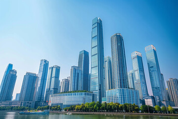 Fototapeta premium Skyscrapers Viewed from Below with Blue Sky and White Clouds