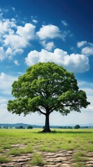 Fototapeta premium a tree in a field with a cloud in the sky 