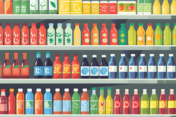 Illustration of neatly arranged supermarket shelves filled with a variety of colorful bottled drinks, emphasizing the wide selection of beverages.