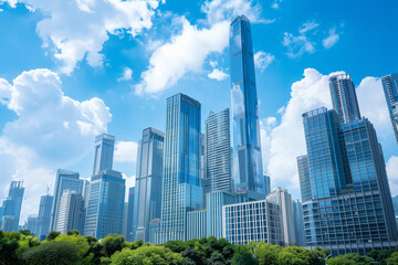 Obraz premium Skyscrapers Viewed from Below with Blue Sky and White Clouds