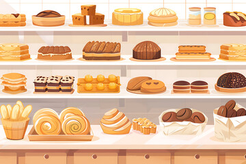 illustration of a bakery with shelves and counters filled with assorted breads and pastries, highlighting the freshness and variety of baked goods.