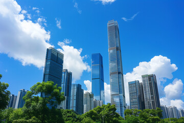 Fototapeta premium Skyscrapers Viewed from Below with Blue Sky and White Clouds