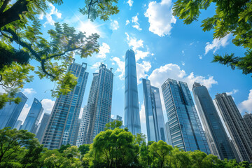 Naklejka premium Skyscrapers Viewed from Below with Blue Sky and White Clouds