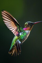 Fototapeta premium Hummingbird in flight, vibrant colors, dark background, detailed feathers, ethereal lighting, closeup