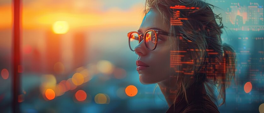 Businesswoman reviewing financial strategies with digital graphs, [strategy], [strategic financial planning]