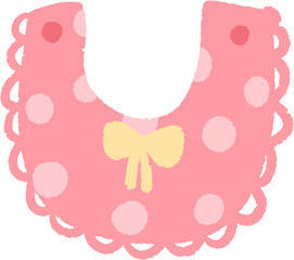 A pink baby bib with white polka dots and a yellow bow.