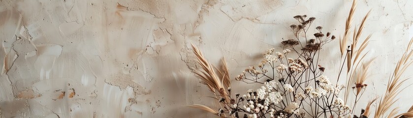 Minimalist arrangement of dried flowers and grasses against a textured, beige wall