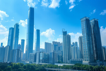 Fototapeta premium Skyscrapers Reaching into a Bright Blue Sky with White Clouds on a Sunny Day