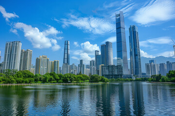 Fototapeta premium Skyscrapers Reaching into a Bright Blue Sky with White Clouds on a Sunny Day