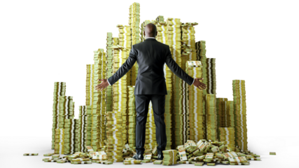 Rich African American businessman with opened arms standing facing huge pile stacks of Singapore dollar notes. man looking at a lot of heaped bundles of money isolated on transparent background 