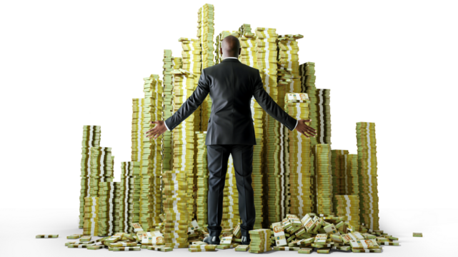 Rich African American businessman with opened arms standing facing huge pile stacks of Singapore dollar notes. man looking at a lot of heaped bundles of money isolated on transparent background 