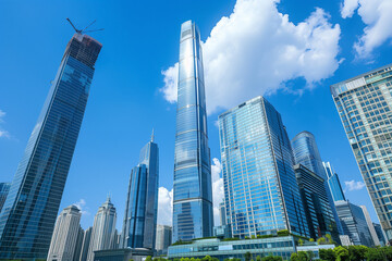 Fototapeta premium Skyscrapers Reaching into a Bright Blue Sky with White Clouds on a Sunny Day