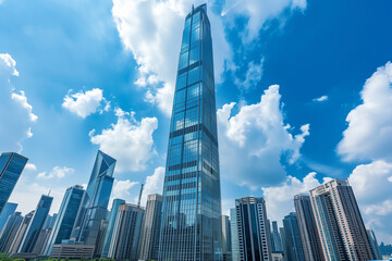 Fototapeta premium Skyscrapers Reaching into a Bright Blue Sky with White Clouds on a Sunny Day