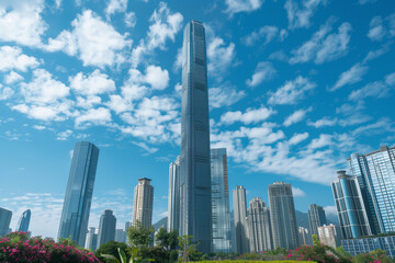 Fototapeta premium Skyscrapers Reaching into a Bright Blue Sky with White Clouds on a Sunny Day