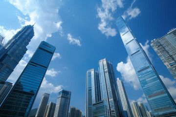 Fototapeta premium Skyscrapers Reaching into a Bright Blue Sky with White Clouds on a Sunny Day