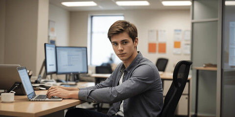 Businessman portrait working on laptop Smiling while surrounded by sticky notes on glass wall