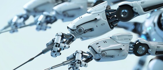 Multiple robotic arms equipped with surgical instruments, indicating advanced medical robotics