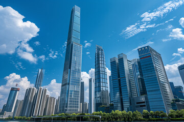 Fototapeta premium Skyscrapers Reaching into a Bright Blue Sky with White Clouds on a Sunny Day
