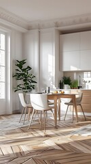 Fototapeta premium Cozy and bright apartment in Paris with wooden floor and plants.