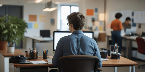 Businessman facing work challenges at the office, business professional working in modern office, Stressed long hours of working on computer 