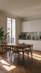 Fototapeta premium Cozy and bright apartment in Paris with wooden floor and plants.