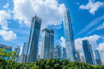 Fototapeta premium Skyscrapers Reaching into a Bright Blue Sky with White Clouds on a Sunny Day