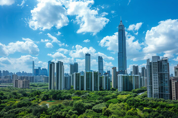 Fototapeta premium Skyscrapers Reaching into a Bright Blue Sky with White Clouds on a Sunny Day