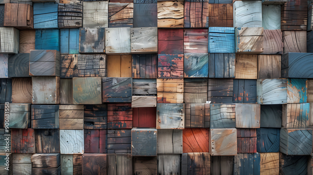 Poster Wood aged art architecture texture abstract block stack on the wall for background, Abstract colorful wood texture for backdrop.