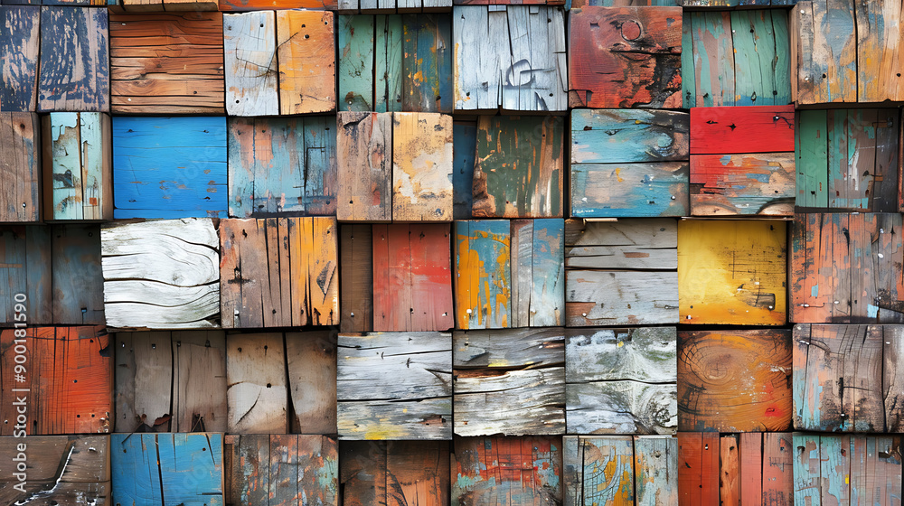 Poster Wood aged art architecture texture abstract block stack on the wall for background, Abstract colorful wood texture for backdrop.