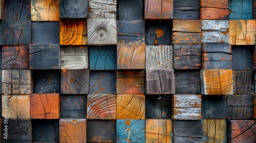 Poster Wood aged art architecture texture abstract block stack on the wall for background, Abstract colorful wood texture for backdrop.