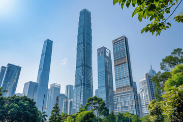 Fototapeta premium Skyscrapers Reaching into a Bright Blue Sky with White Clouds on a Sunny Day
